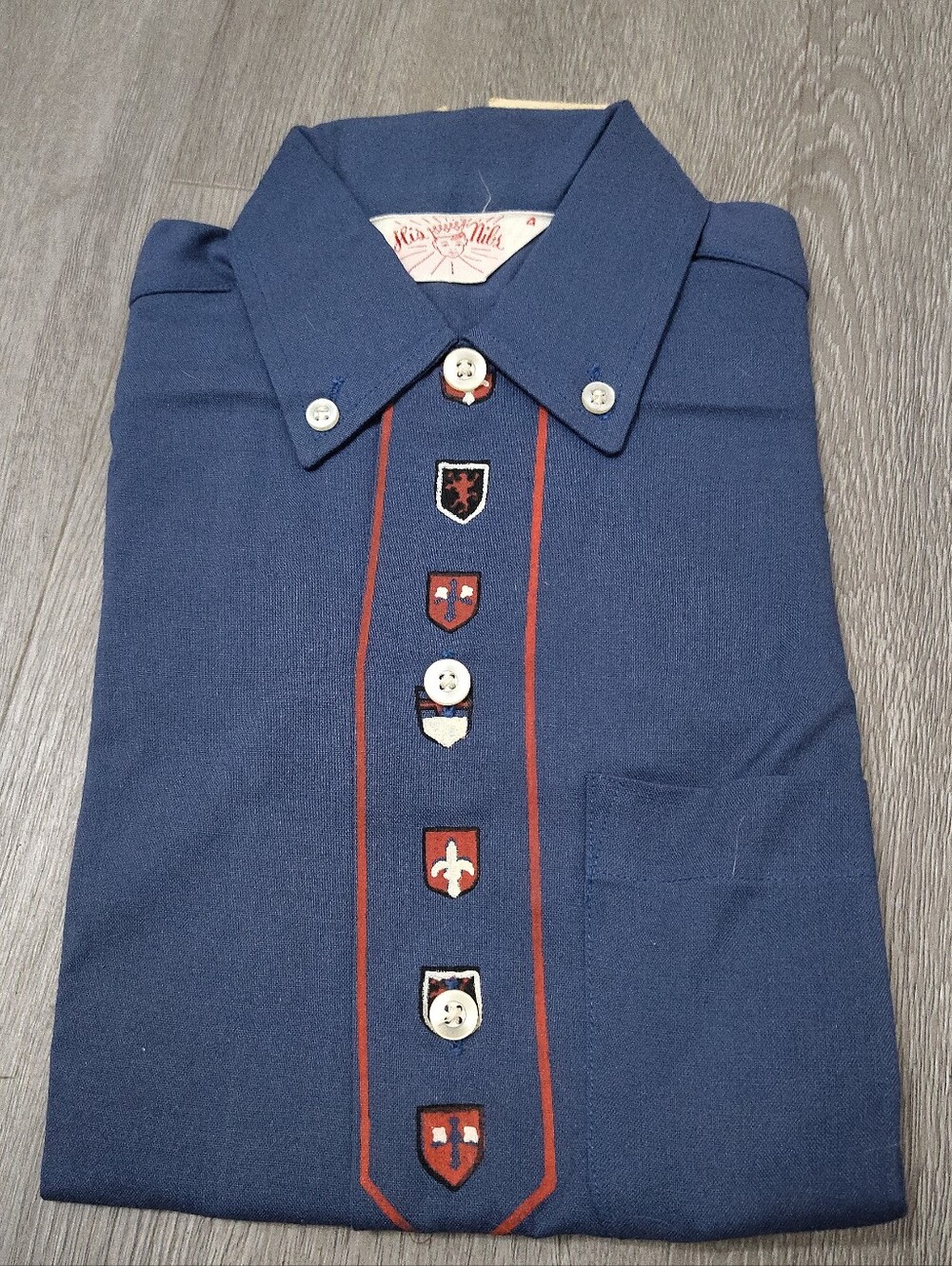 Vtg Kids Rayon Shirt Hand Painted Crest NOS Deadstock Pinned Size 4